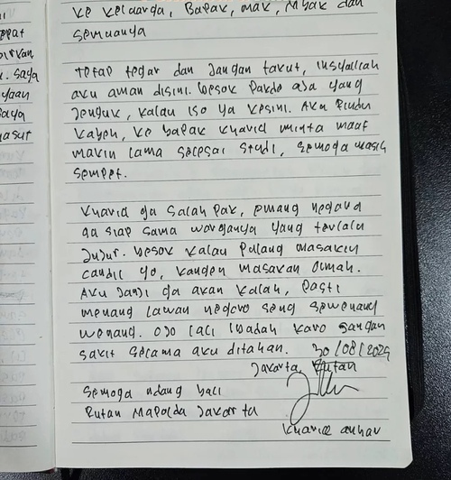 Khariq Anhar mengirimkan surat menyentuh hati kepada keluarganya dari Rutan Polda Metro Jaya. (Foto: Sri Wahyuni)